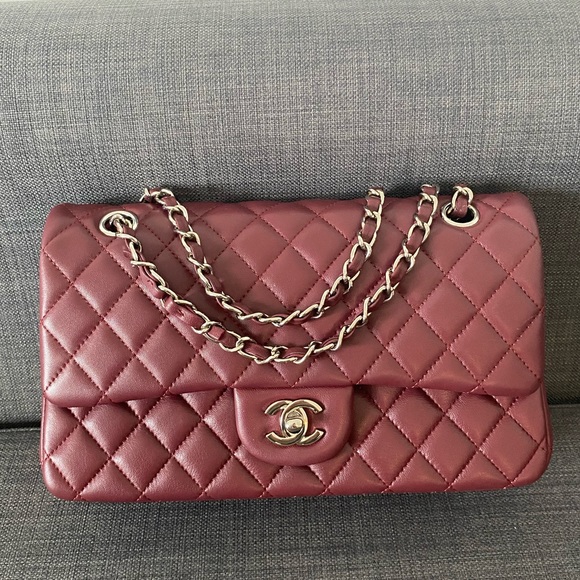 CHANEL Double Flap Lambskin Burgundy Handbag - Picture 10 of 12